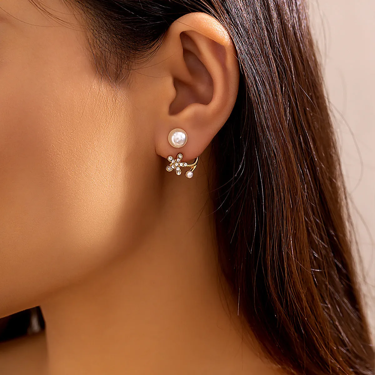 Cubic Zirconia & Pearl Flower Ear Jackets