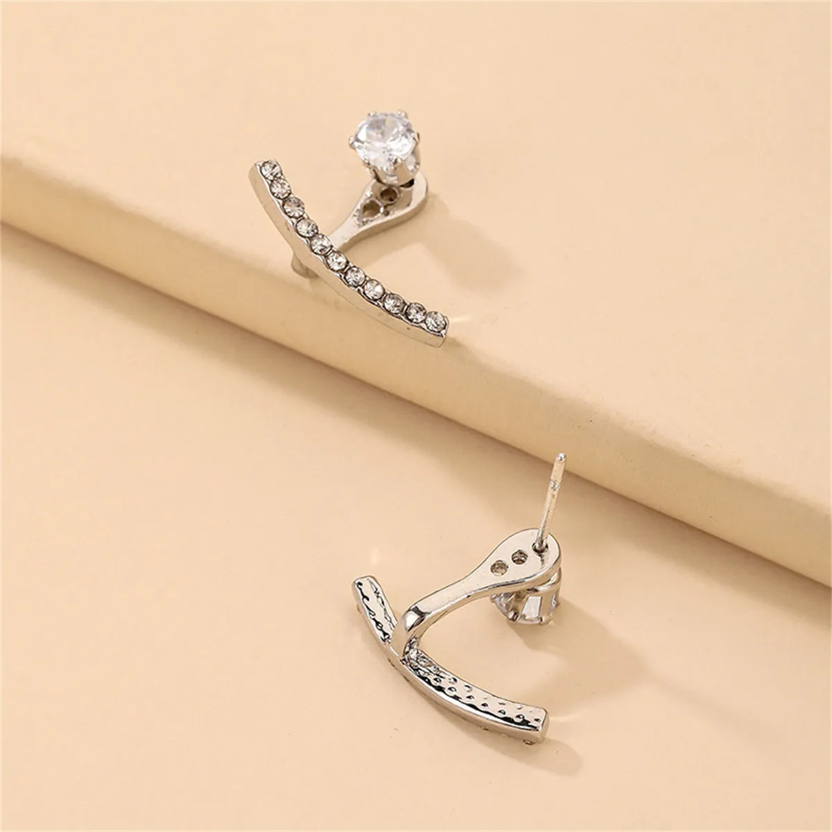 Cubic Zirconia & Silver-Plated T-Shaped Ear Jackets