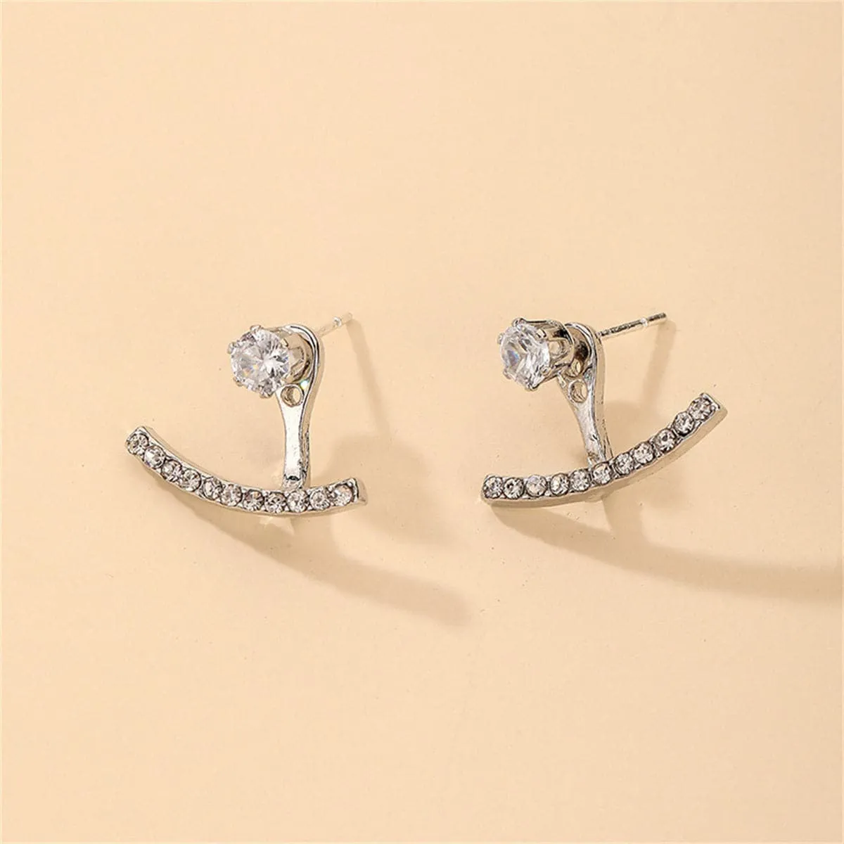 Cubic Zirconia & Silver-Plated T-Shaped Ear Jackets