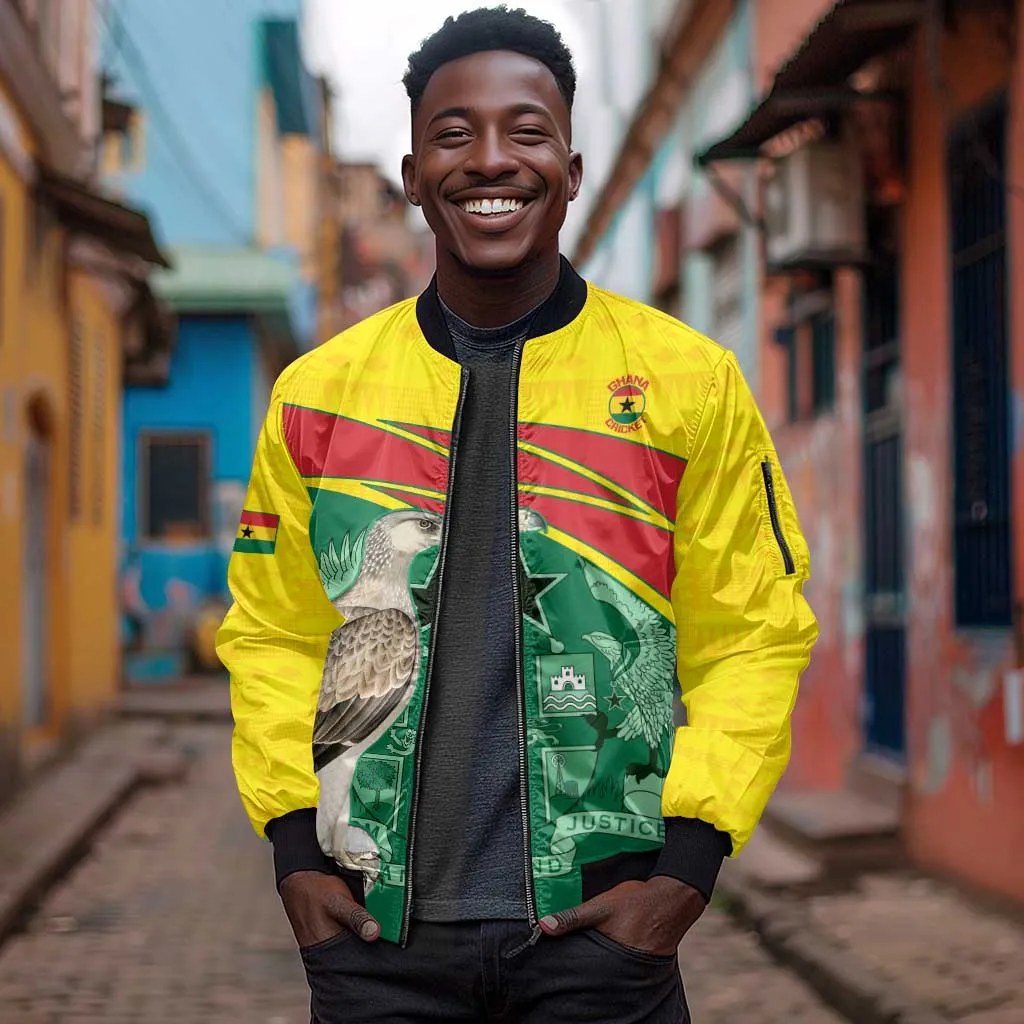Custom Ghana Black Batters Sleeve Zip Bomber Jacket Ghanaian Tawny Eagle - Cricket Style LT14