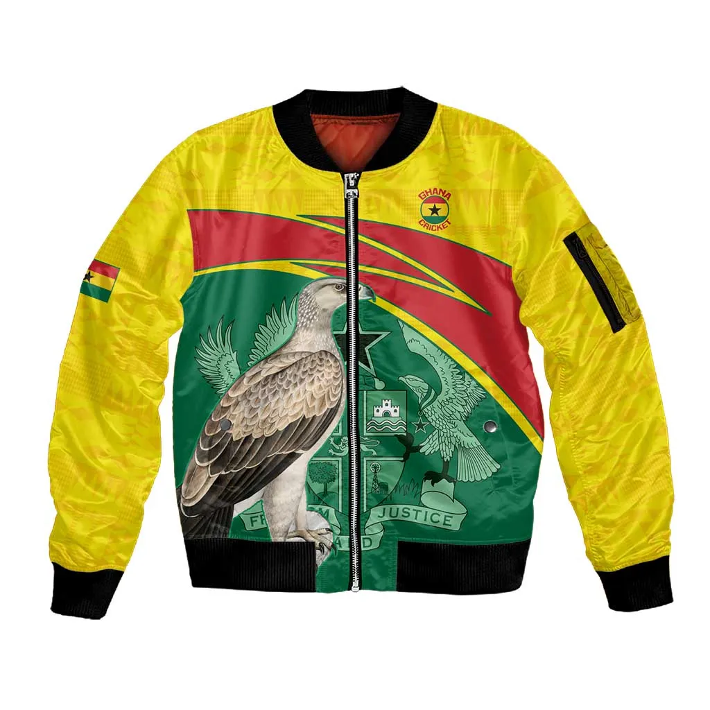 Custom Ghana Black Batters Sleeve Zip Bomber Jacket Ghanaian Tawny Eagle - Cricket Style LT14