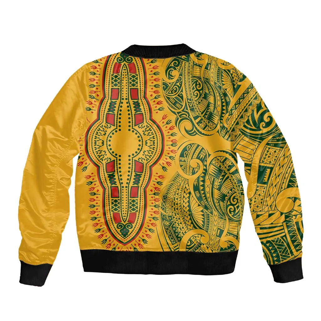 Dashiki and Polynesian Pattern Sleeve Zip Bomber Jacket Afro Pacific Culture Gold Version LT9