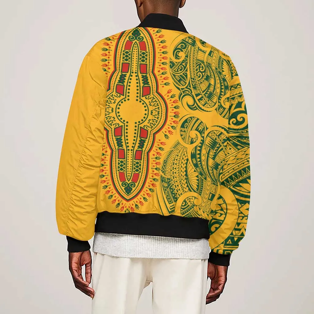 Dashiki and Polynesian Pattern Sleeve Zip Bomber Jacket Afro Pacific Culture Gold Version LT9