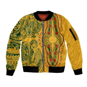 Dashiki and Polynesian Pattern Sleeve Zip Bomber Jacket Afro Pacific Culture Gold Version LT9