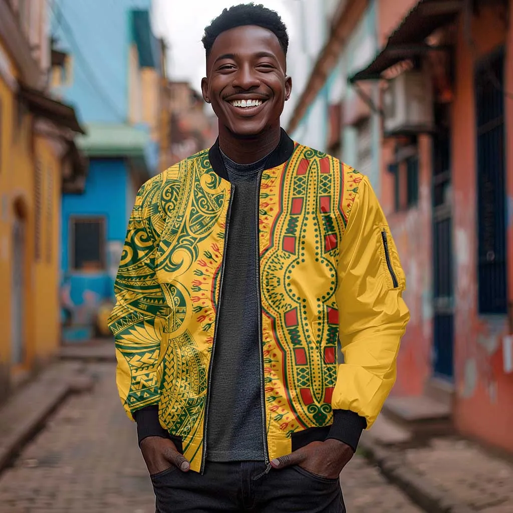 Dashiki and Polynesian Pattern Sleeve Zip Bomber Jacket Afro Pacific Culture Gold Version LT9
