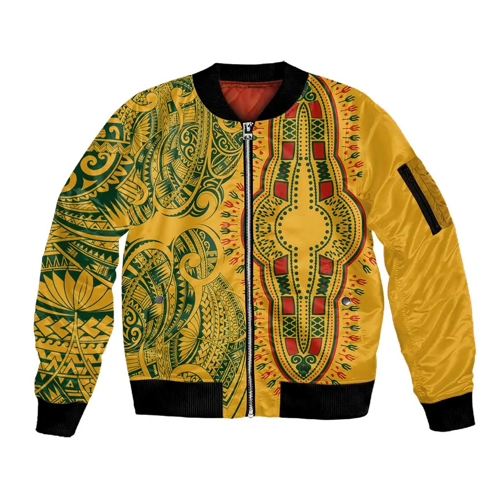 Dashiki and Polynesian Pattern Sleeve Zip Bomber Jacket Afro Pacific Culture Gold Version LT9