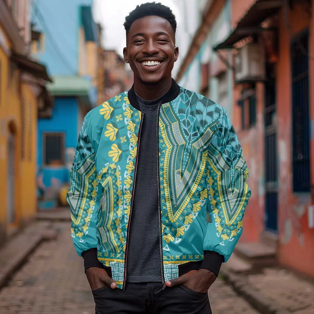 Dashiki Sleeve Zip Bomber Jacket Luxury Afro - Teal LT7