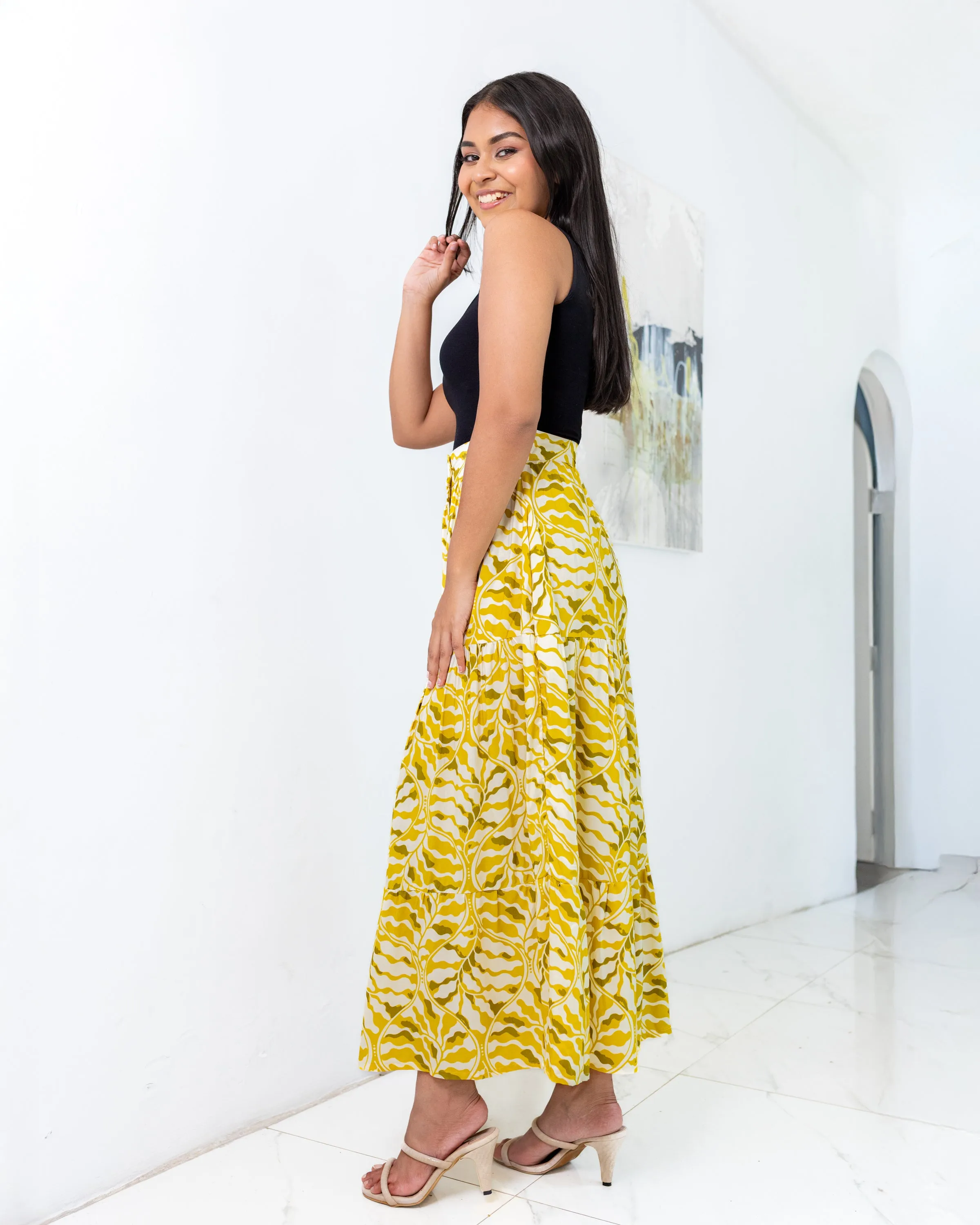 Dora Buttondown Maxi Skirt - Yellow Printed