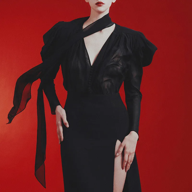 Dramatic Sheer V-Neck Tie Blouse with Billowing Sleeves for High-Fashion Elegance