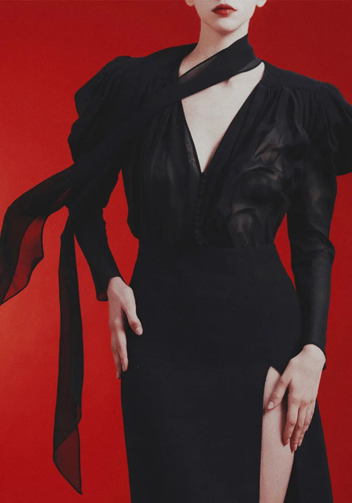 Dramatic Sheer V-Neck Tie Blouse with Billowing Sleeves for High-Fashion Elegance
