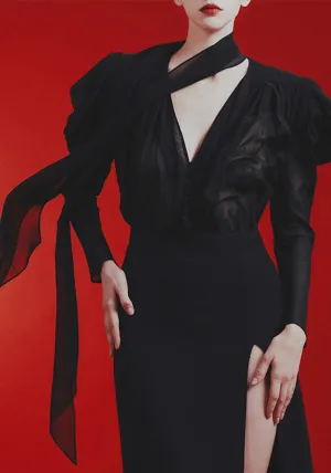 Dramatic Sheer V-Neck Tie Blouse with Billowing Sleeves for High-Fashion Elegance
