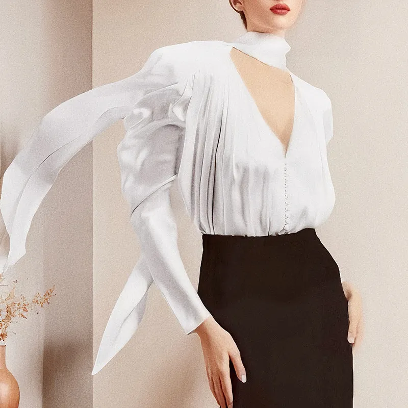 Dramatic Sheer V-Neck Tie Blouse with Billowing Sleeves for High-Fashion Elegance