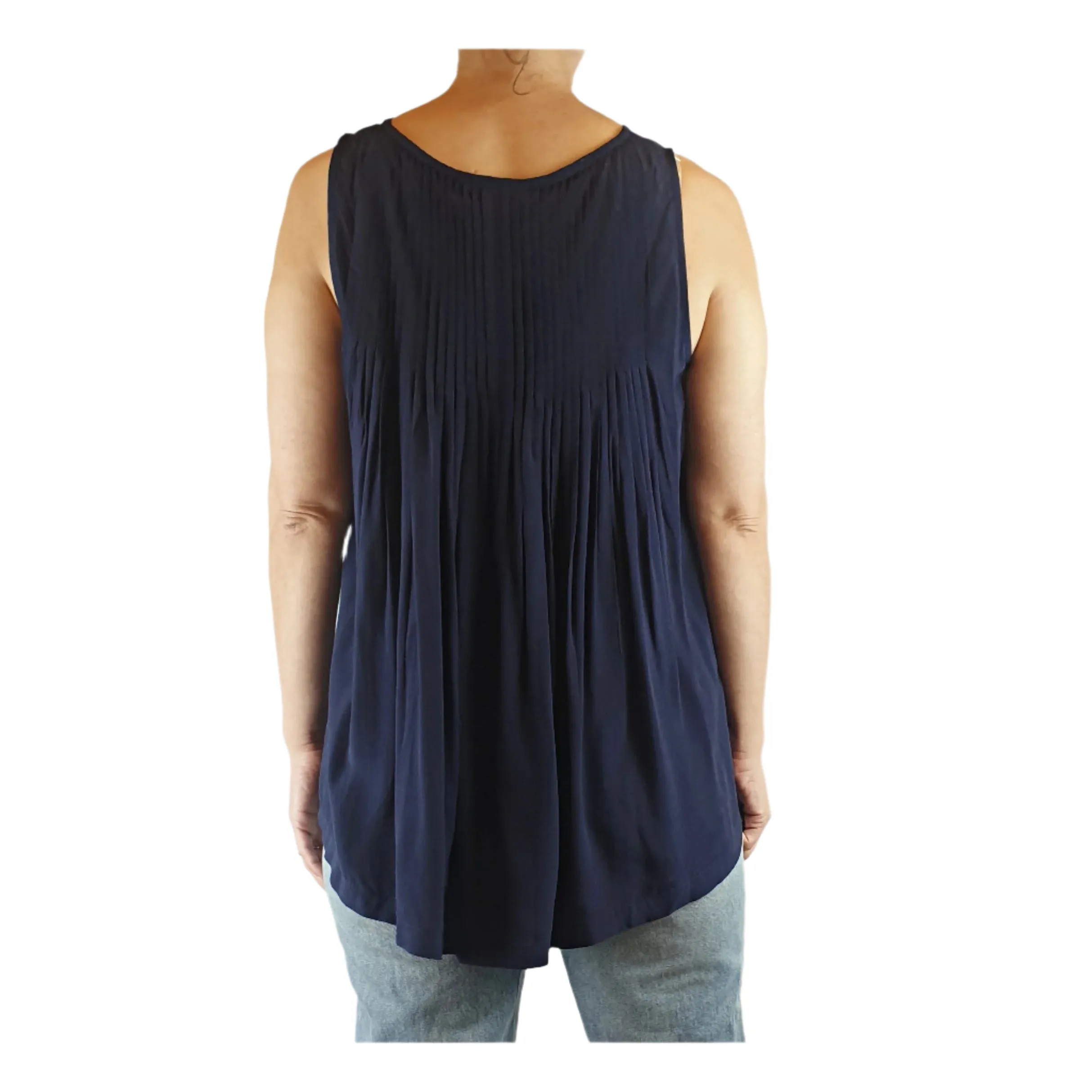 Elk dark navy sleeveless silk feel top with lovely back pleating size 8