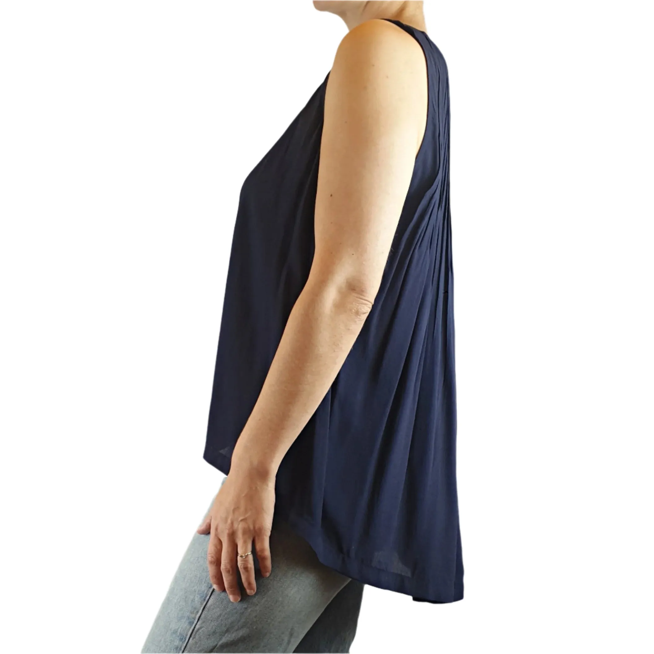 Elk dark navy sleeveless silk feel top with lovely back pleating size 8