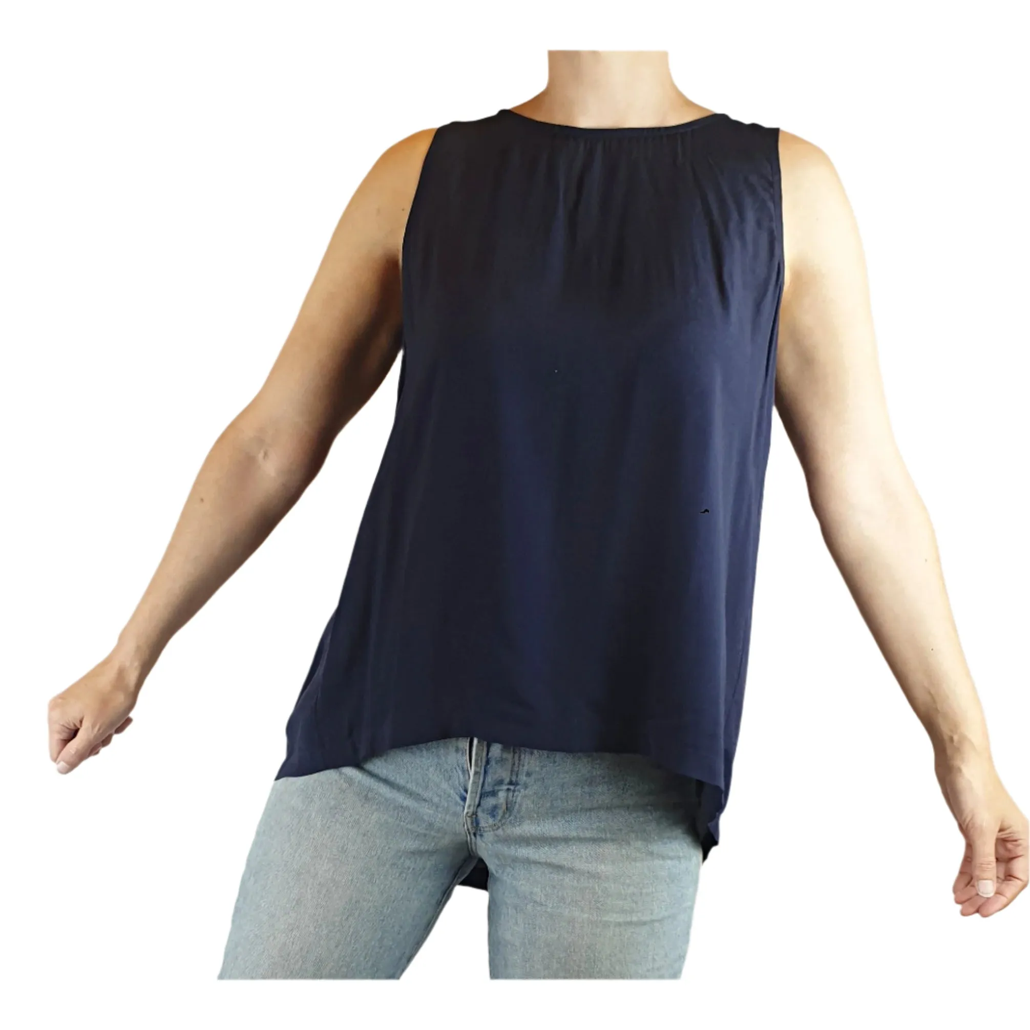 Elk dark navy sleeveless silk feel top with lovely back pleating size 8