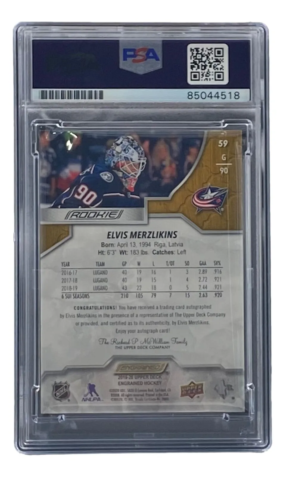 Elvis Merzlinkins Signed 2019/20 Upper Deck #59 Blue Jackets Hockey Card PSA/DNA