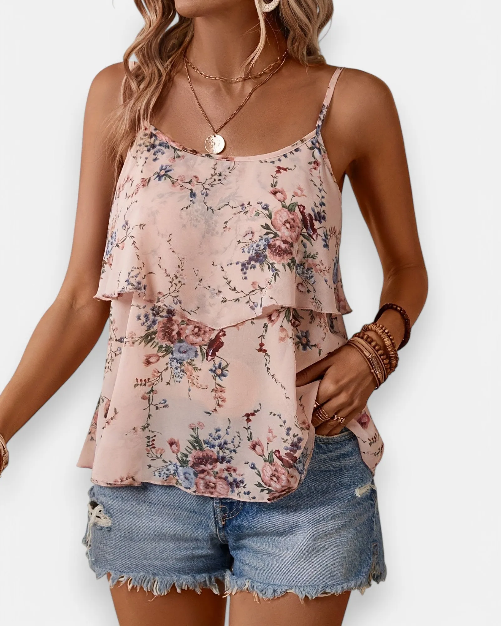 Emily – Boho Floral Layered Hem Cami Top
