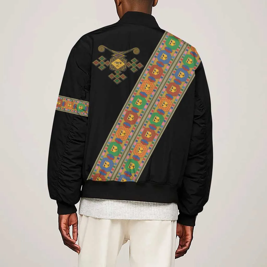 Ethiopia Saba Kemis Sash Style Sleeve Zip Bomber Jacket Black Color LT15