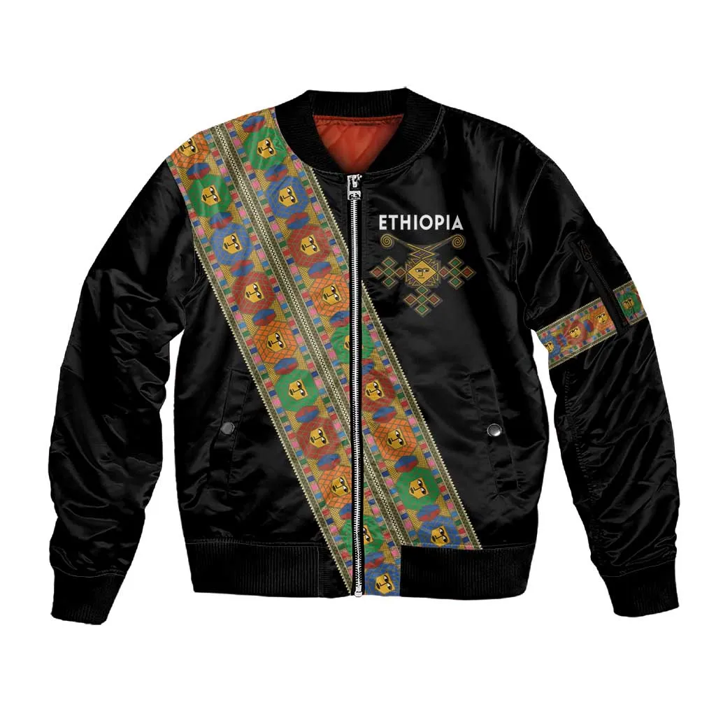 Ethiopia Saba Kemis Sash Style Sleeve Zip Bomber Jacket Black Color LT15