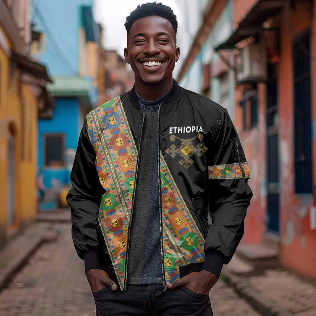 Ethiopia Saba Kemis Sash Style Sleeve Zip Bomber Jacket Black Color LT15