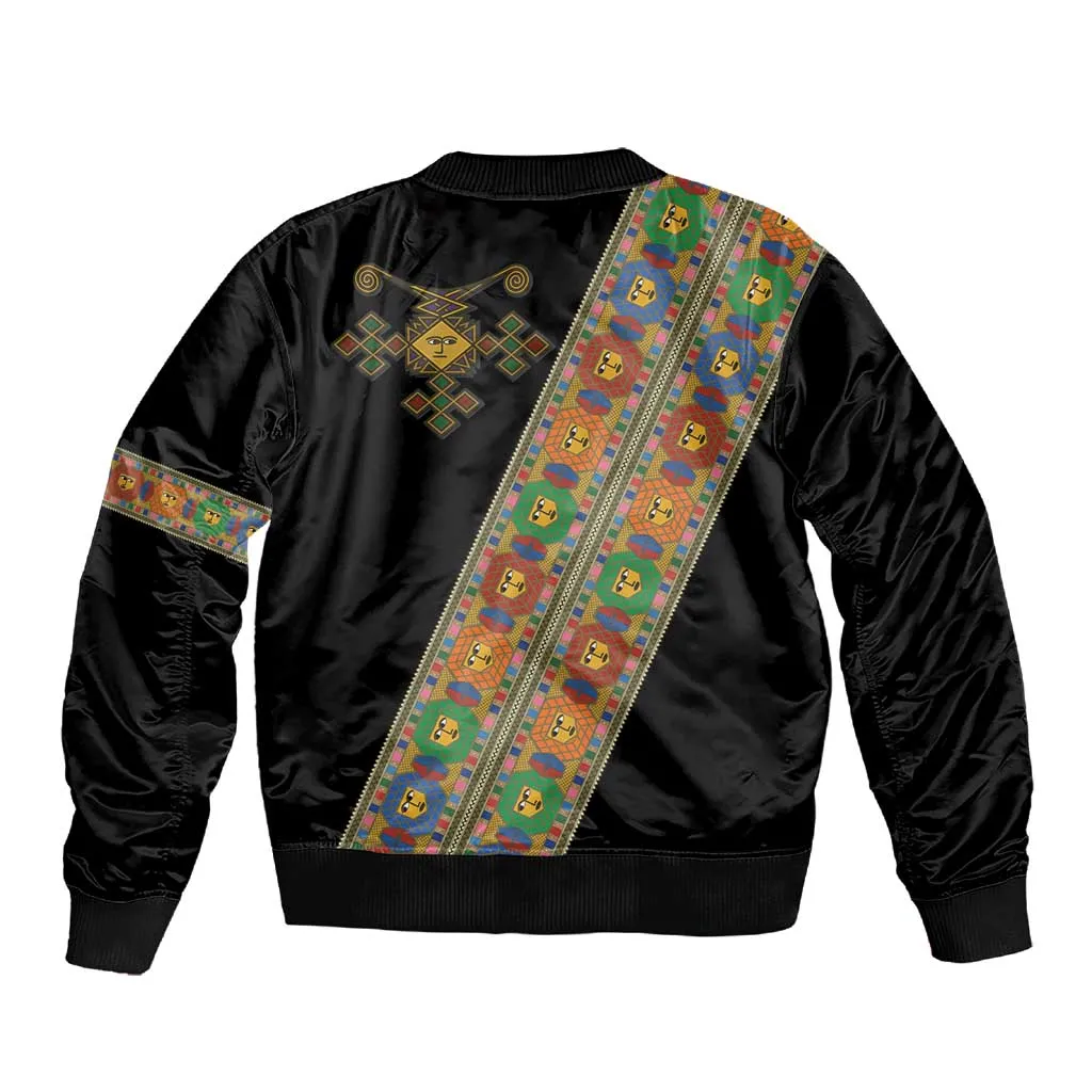 Ethiopia Saba Kemis Sash Style Sleeve Zip Bomber Jacket Black Color LT15
