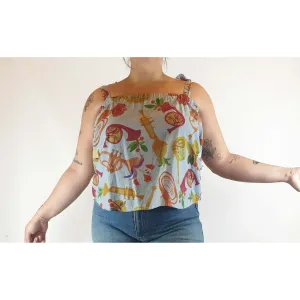 Gorman x Monika Forsberg blue sleeveless top with musical instrument print size 14