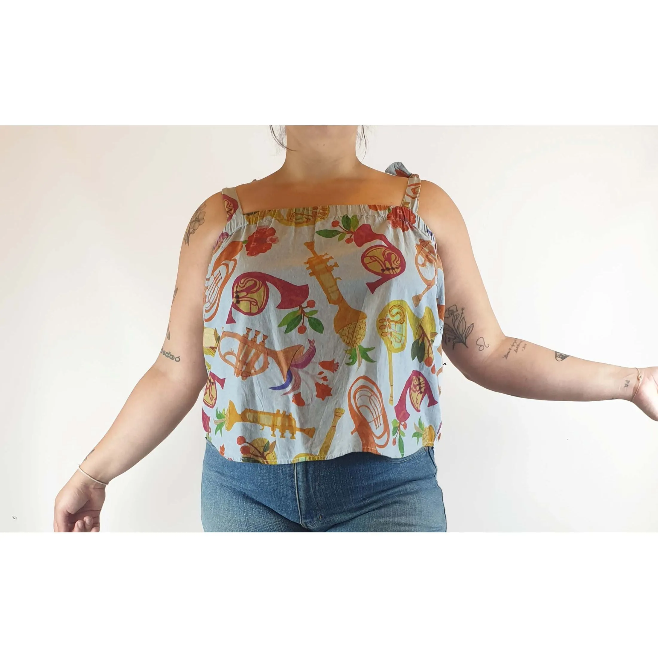 Gorman x Monika Forsberg blue sleeveless top with musical instrument print size 14