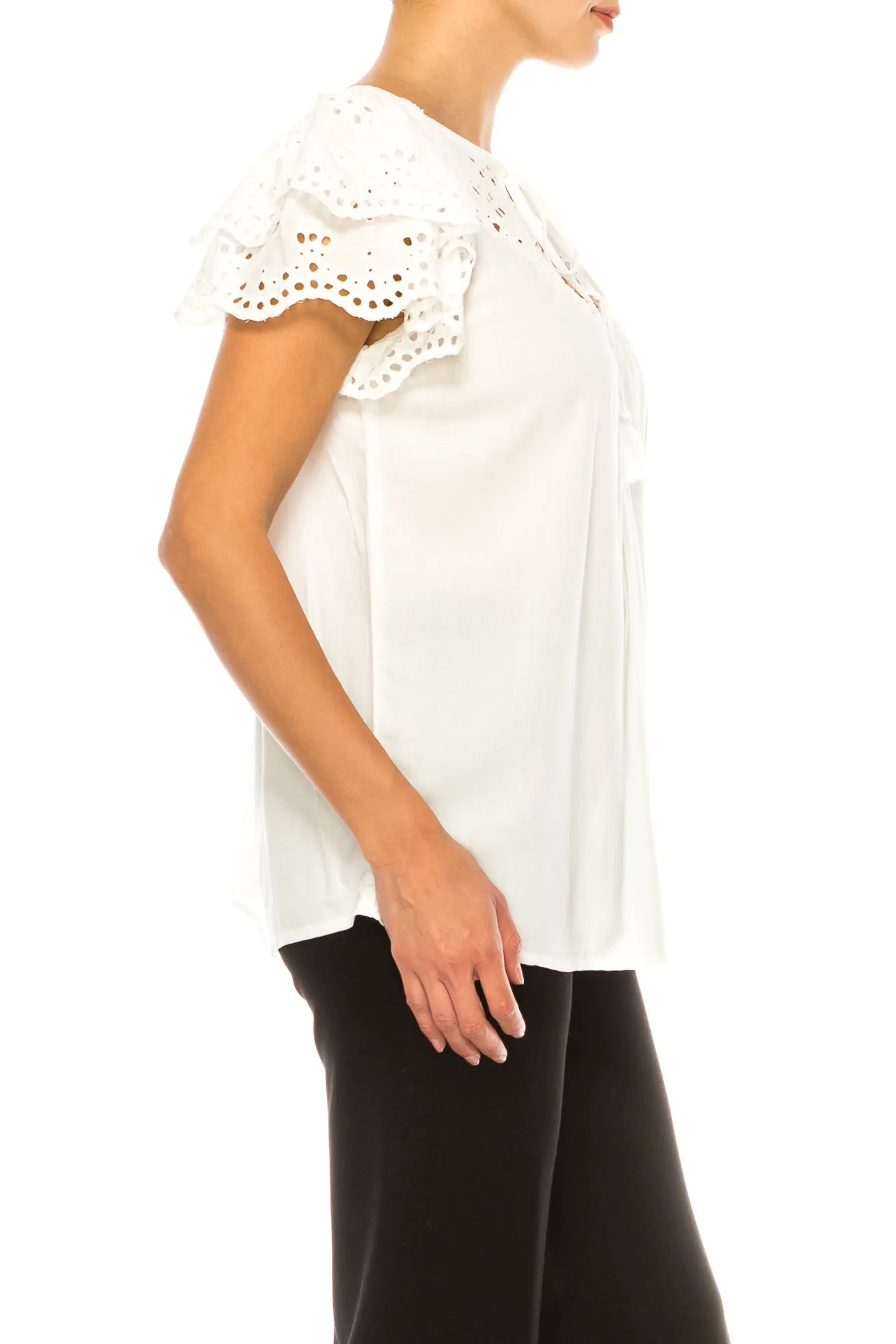 Grand & Greene Short Eyelet Sleeve Tie Front Top
