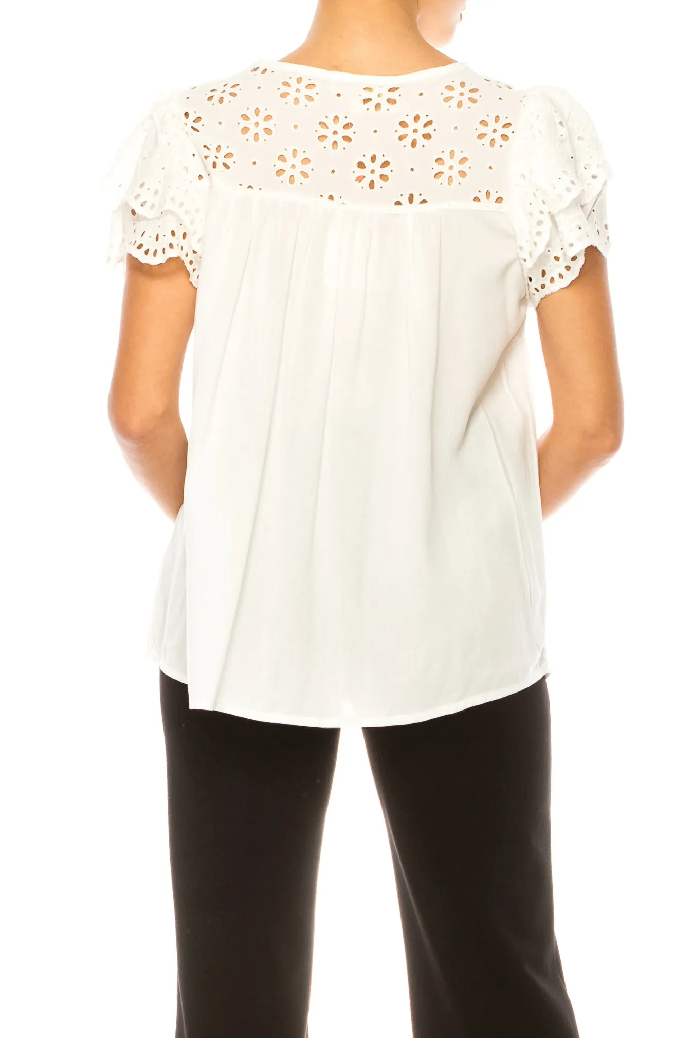 Grand & Greene Short Eyelet Sleeve Tie Front Top