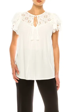 Grand & Greene Short Eyelet Sleeve Tie Front Top