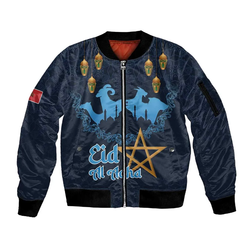 Happy Eid Al-Adha Sleeve Zip Bomber Jacket Morocco Mubarak LT15