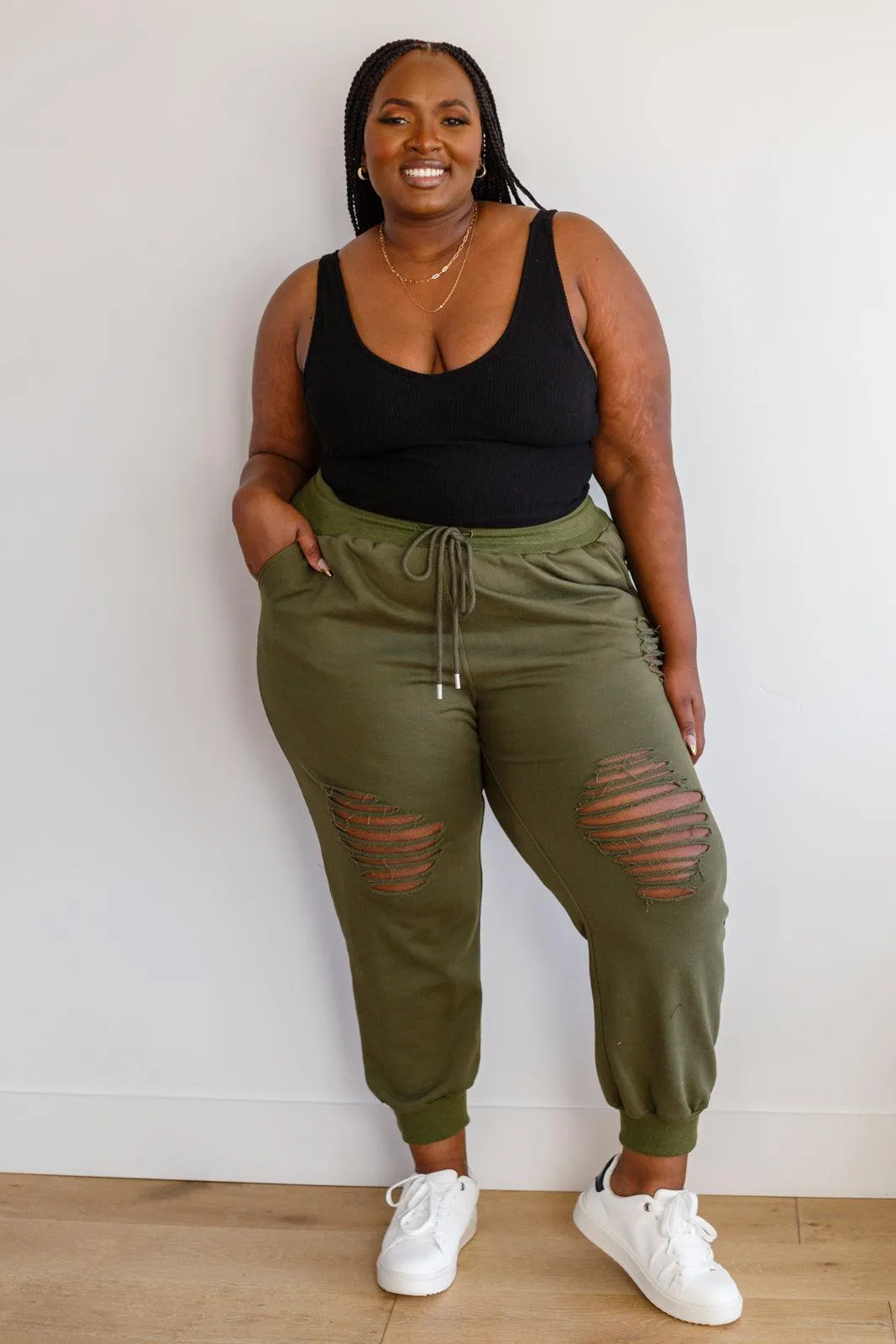Hazel Blues® | Kick Back Distressed Joggers in Olive