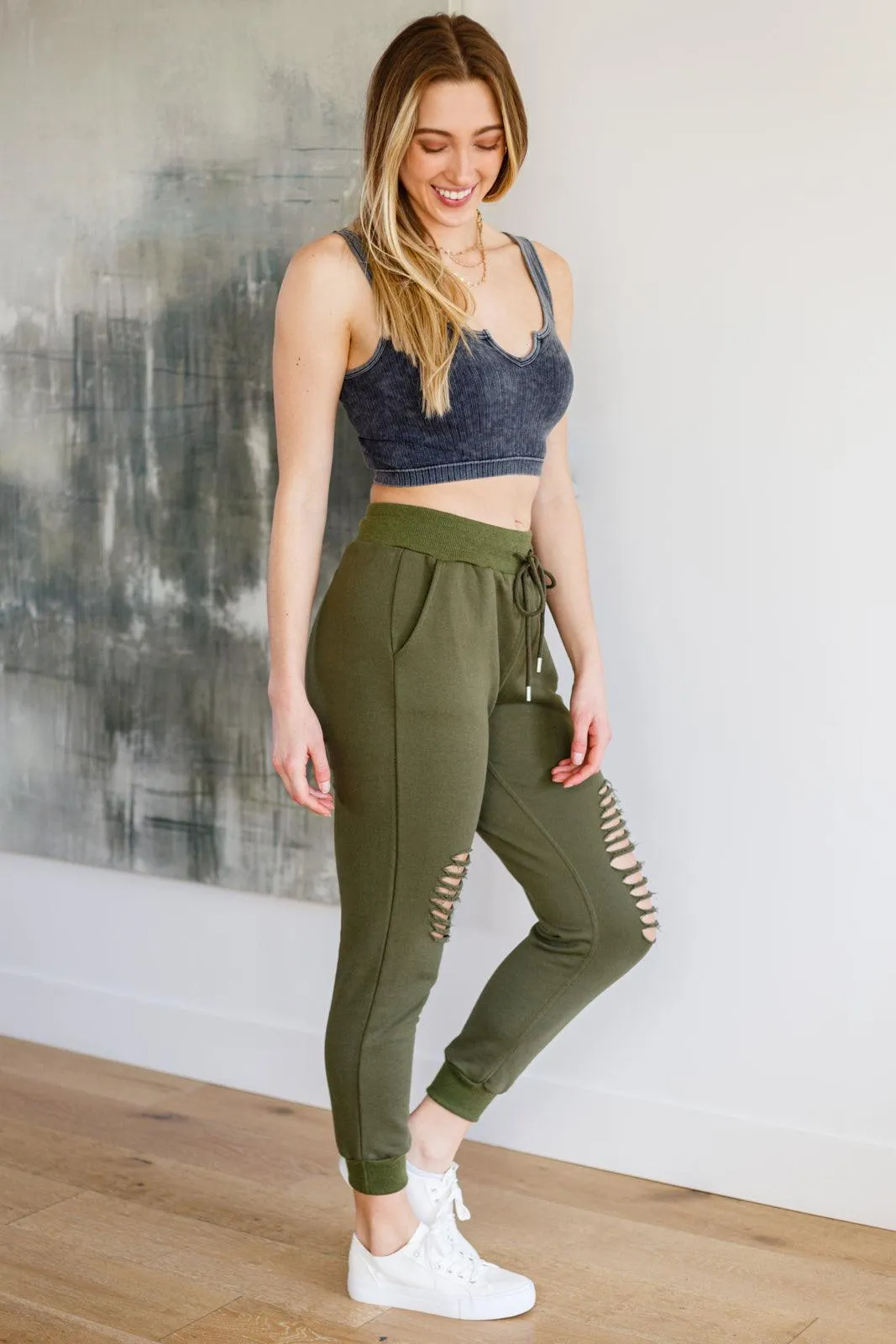 Hazel Blues® | Kick Back Distressed Joggers in Olive