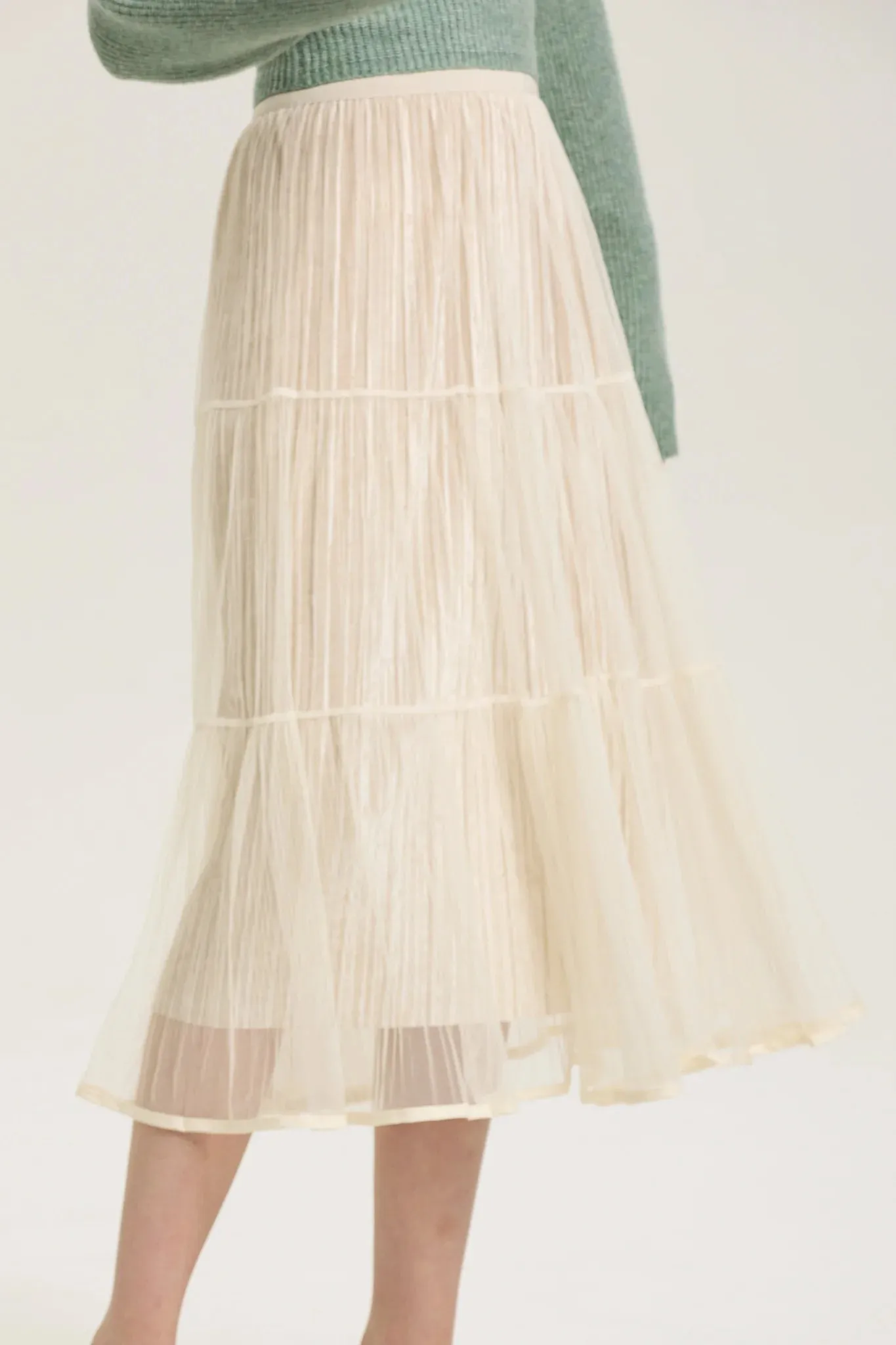 Ivory Layered Mesh Pleated Midi Skirt