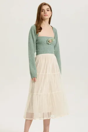 Ivory Layered Mesh Pleated Midi Skirt