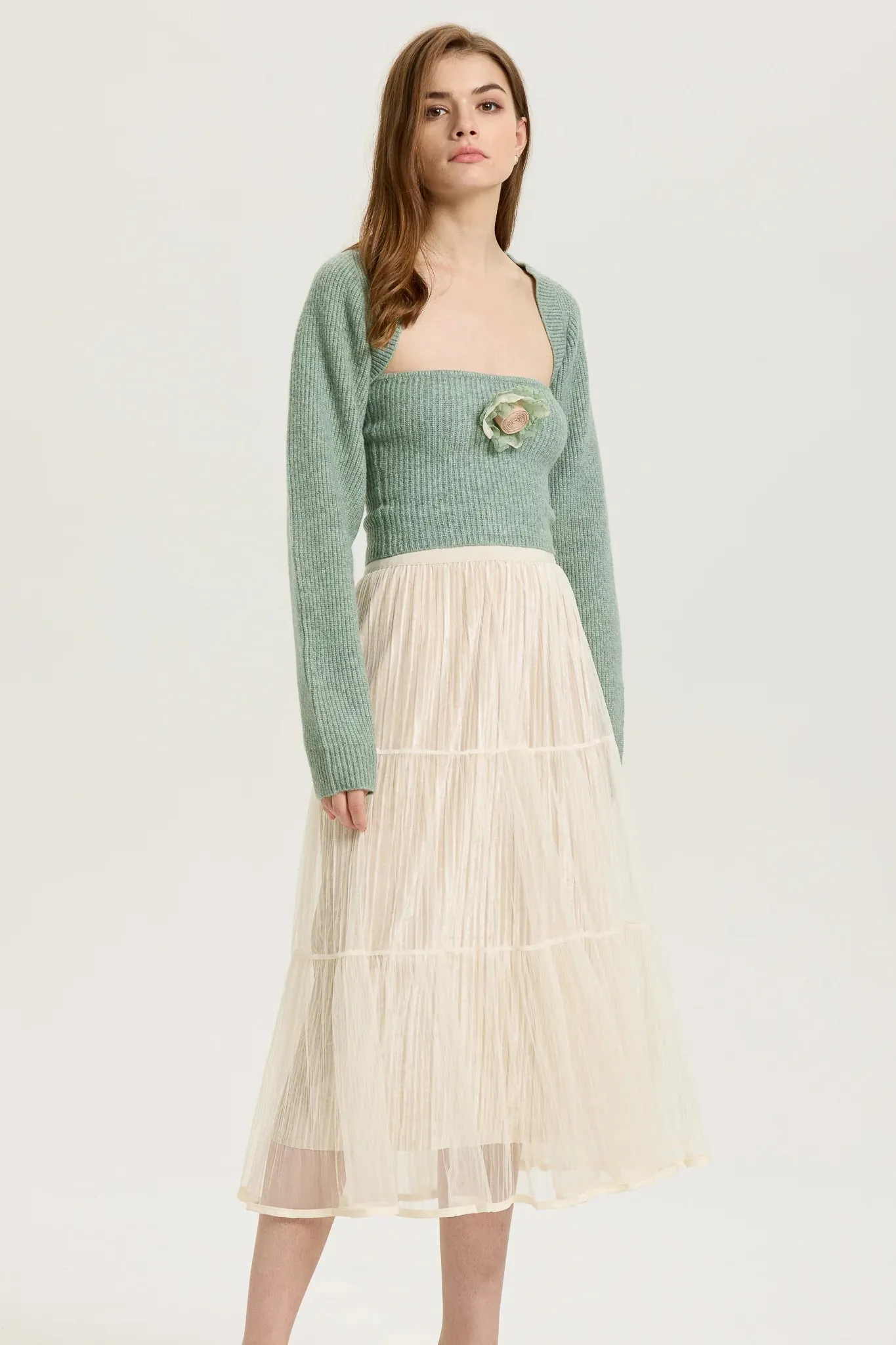 Ivory Layered Mesh Pleated Midi Skirt