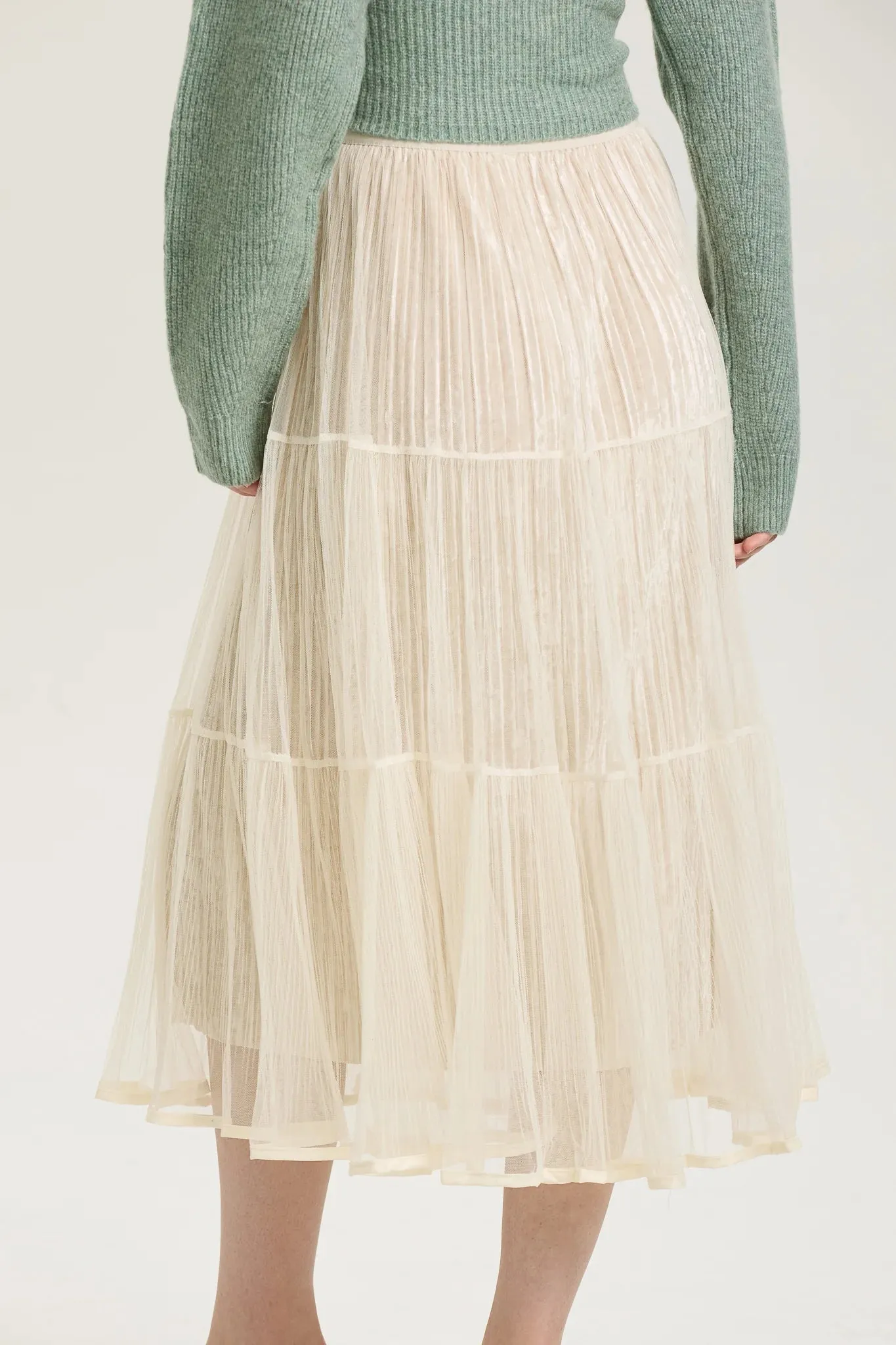 Ivory Layered Mesh Pleated Midi Skirt