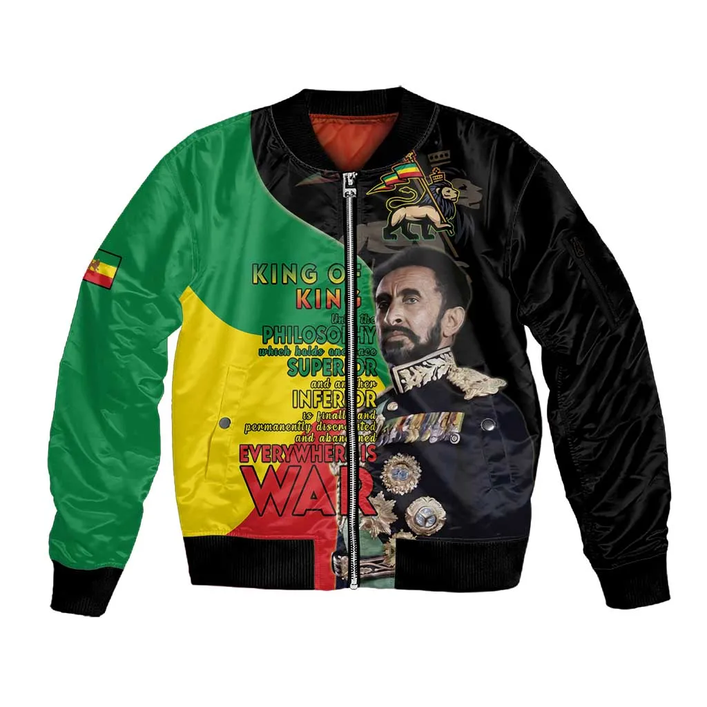 Jah Rastafari Sleeve Zip Bomber Jacket Haile Selassie LT15