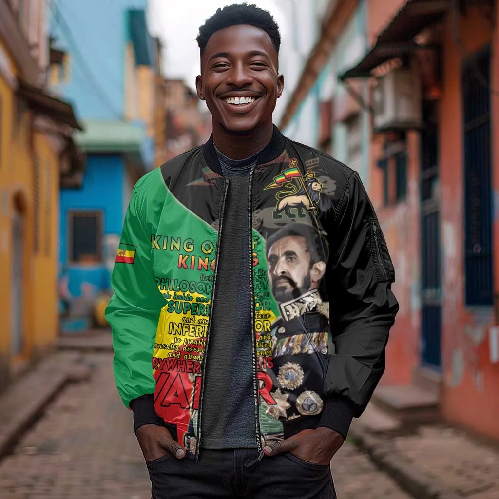 Jah Rastafari Sleeve Zip Bomber Jacket Haile Selassie LT15