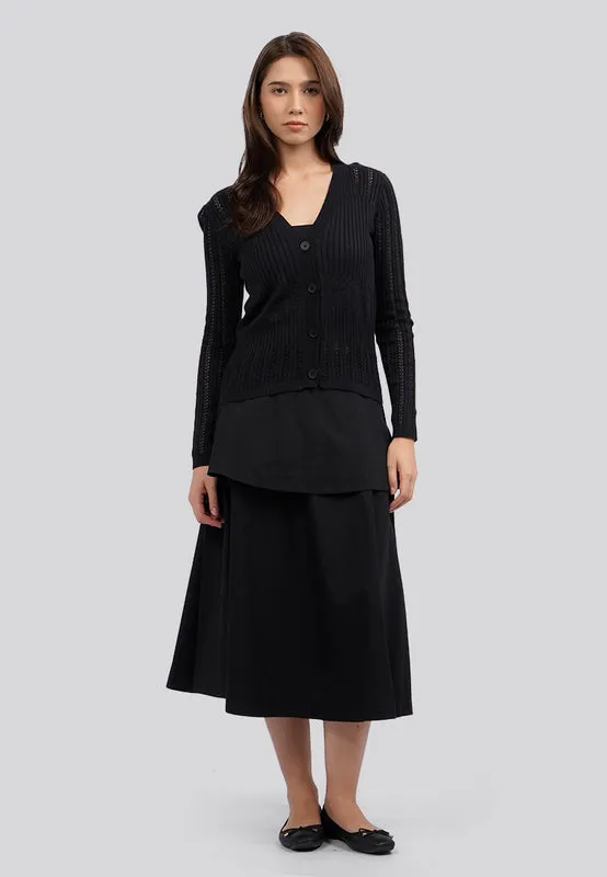 Layered Pleats Cotton Midi Skirt