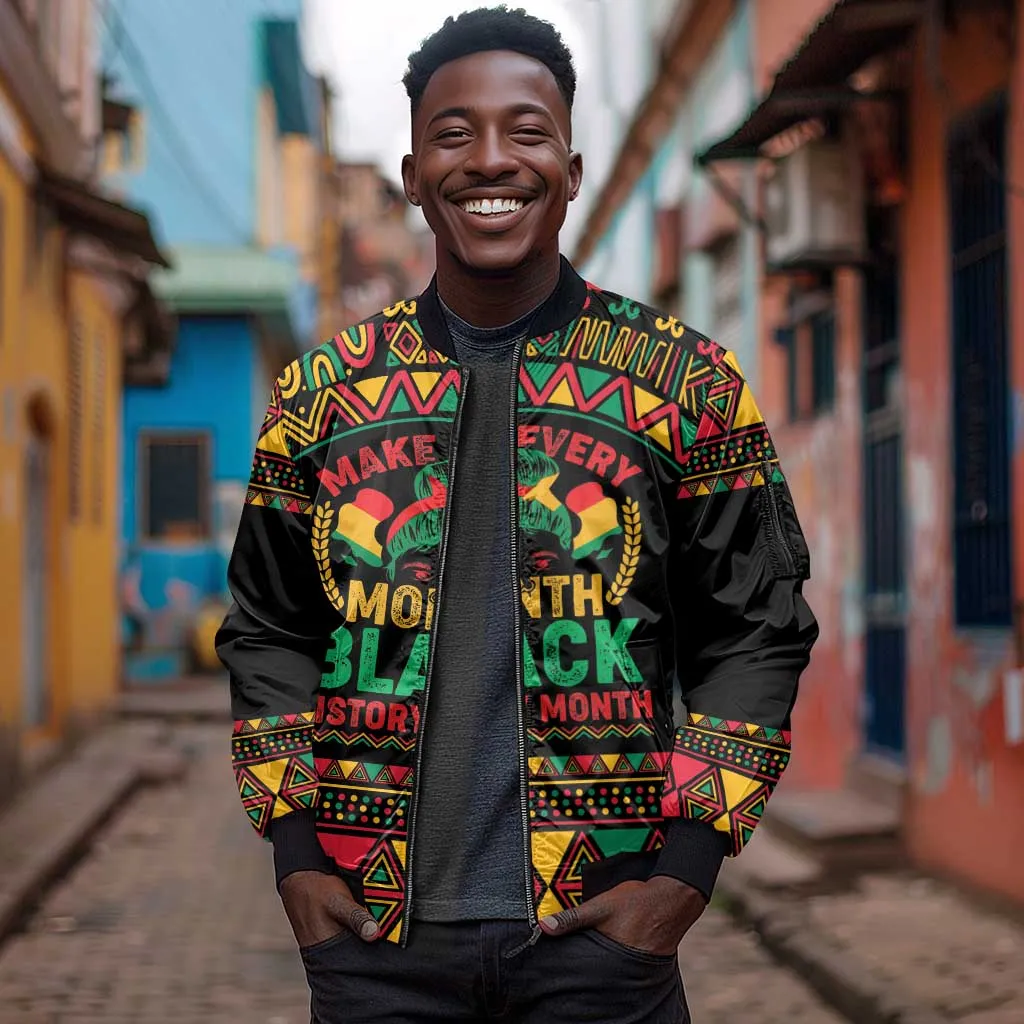 Make Every Month Black History Month Sleeve Zip Bomber Jacket African Pattern LT01