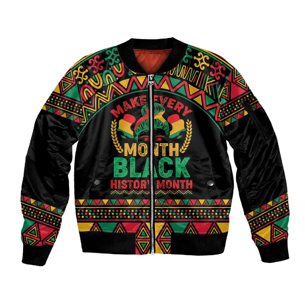 Make Every Month Black History Month Sleeve Zip Bomber Jacket African Pattern LT01