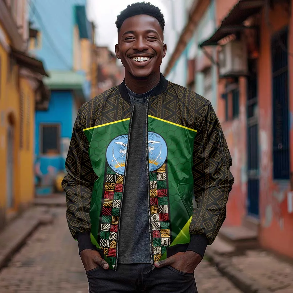 Mali Map Sleeve Zip Bomber Jacket Vulture in Gliding Flight - African Patterns Design TS04