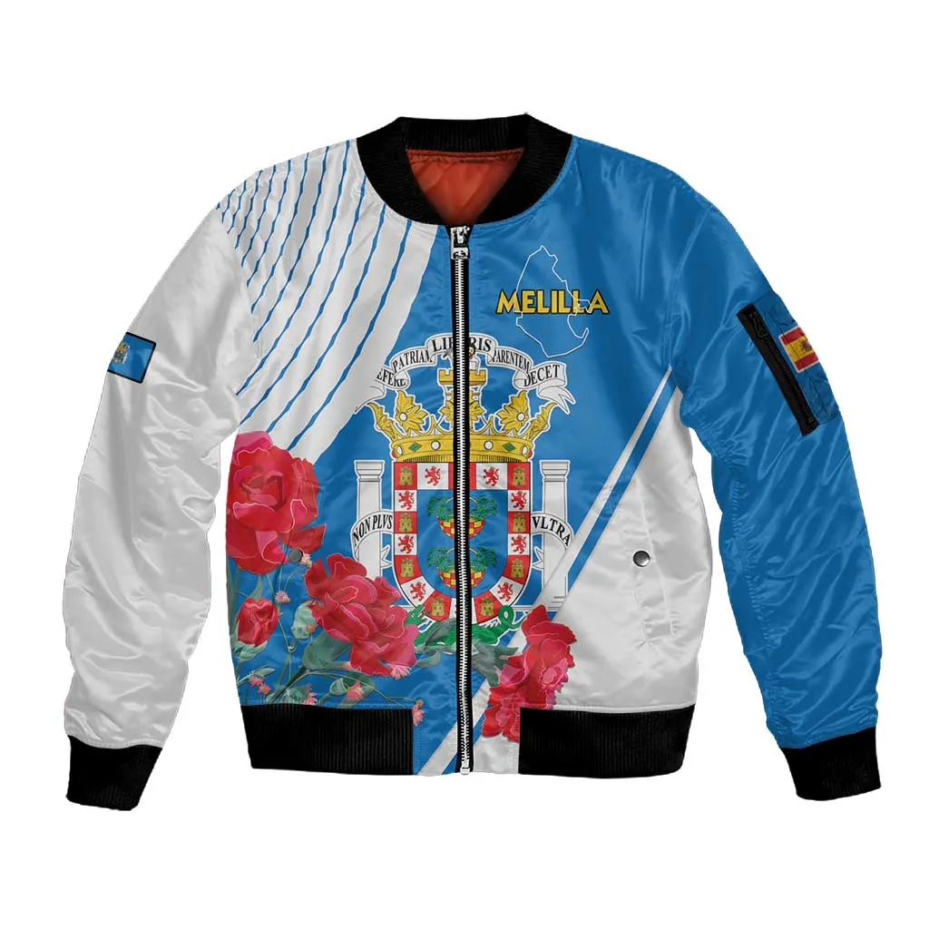 Melilla Spain Sleeve Zip Bomber Jacket Coat Of Arms With Map LT15