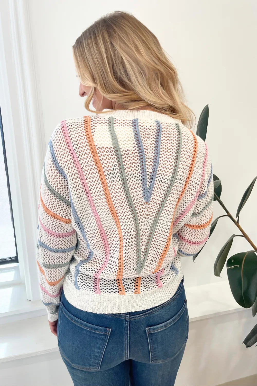 Multi Stripe Dolman Sleeve Fishnet Sweater Top