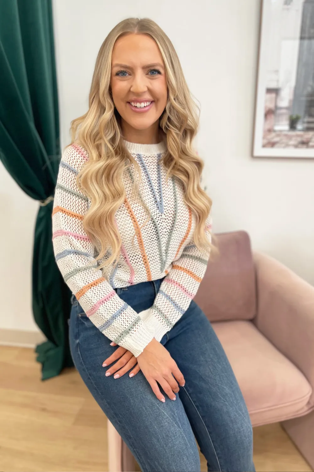Multi Stripe Dolman Sleeve Fishnet Sweater Top