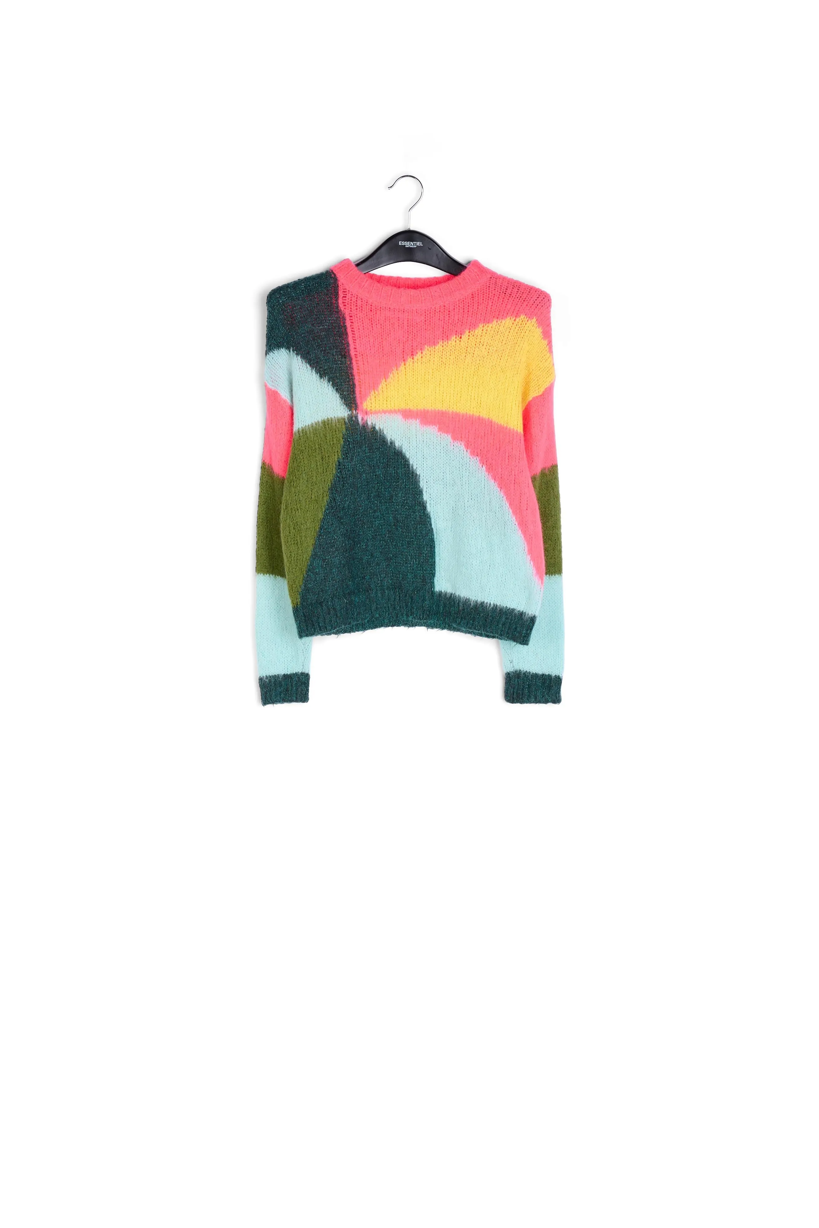 Neon pink, light blue and yellow intarsia-knitted sweater