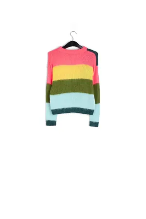 Neon pink, light blue and yellow intarsia-knitted sweater
