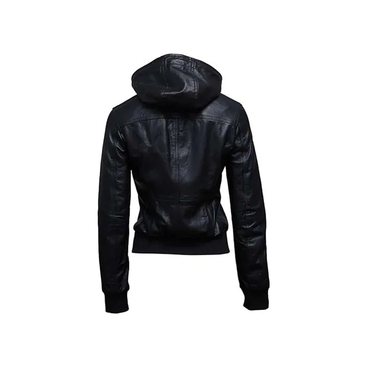 Nexus Black Leather Bomber Jacket for Women