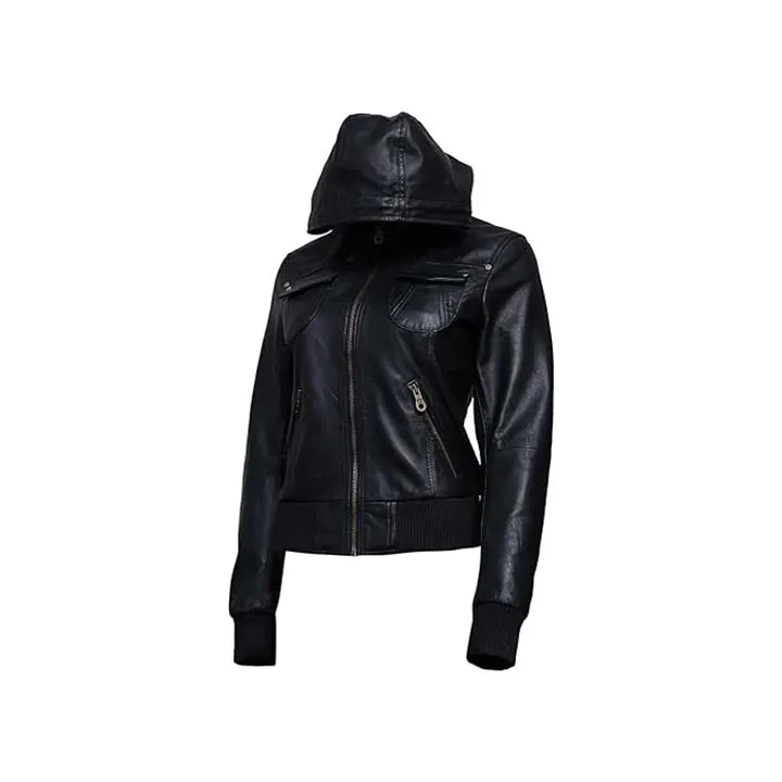 Nexus Black Leather Bomber Jacket for Women